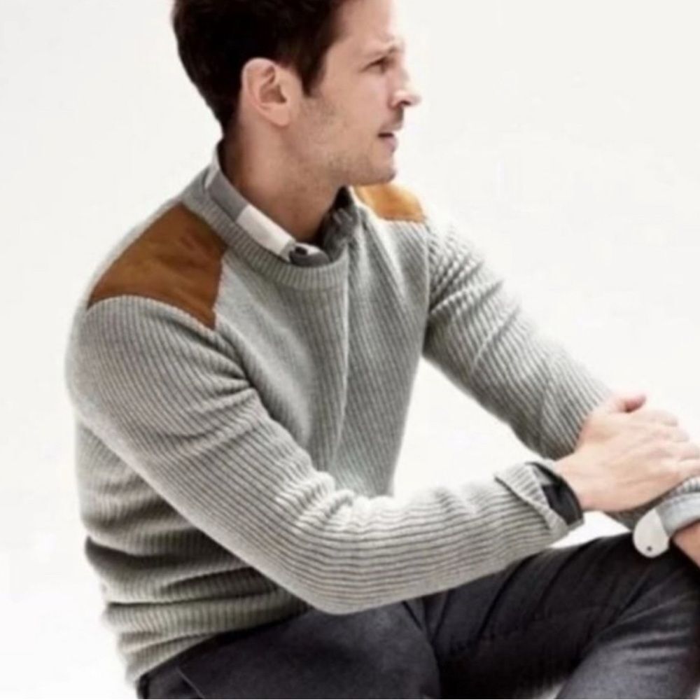 J. Crew Woodsman Suede Shoulder Patch Ribbed Collegiate Sweater